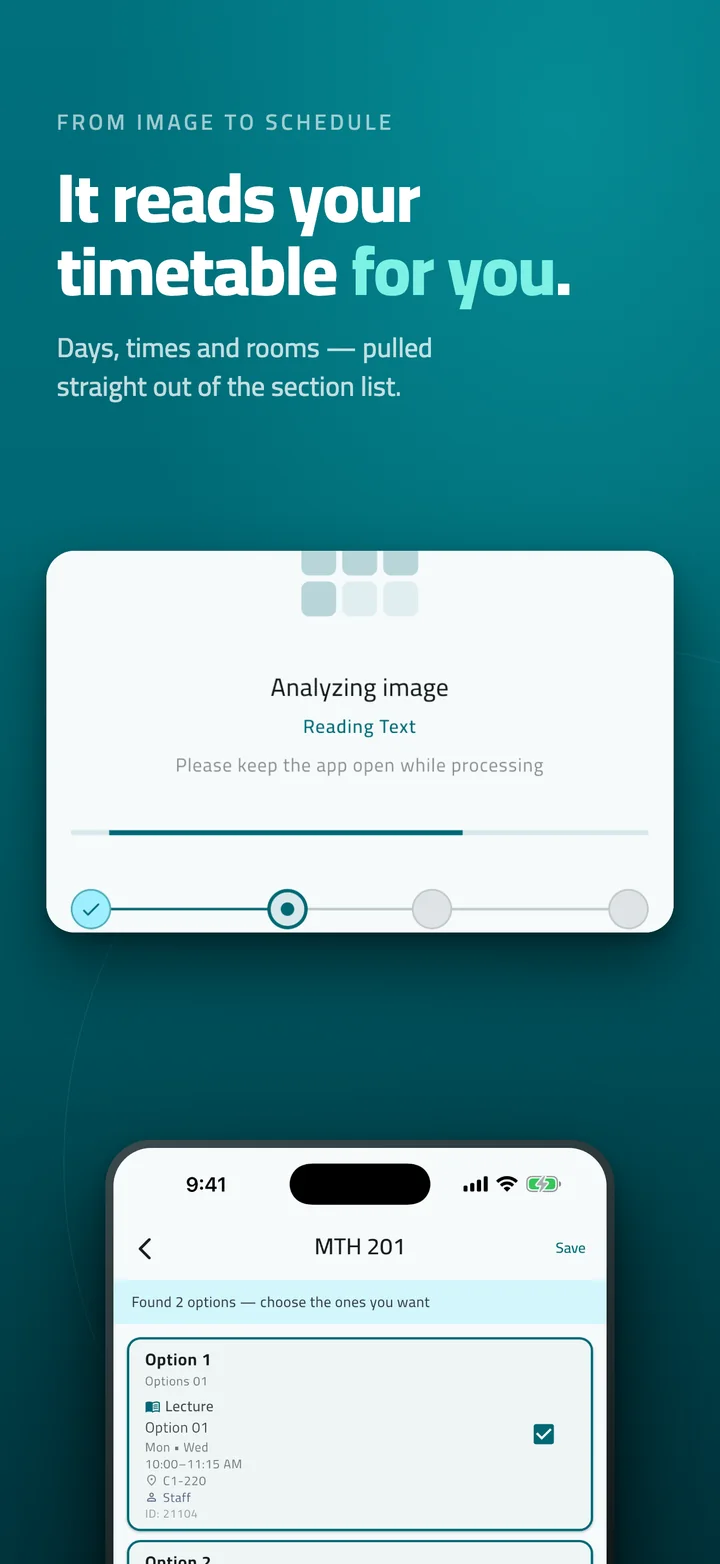 App screenshot: Jadwalik reads a timetable image and lists the options for a course