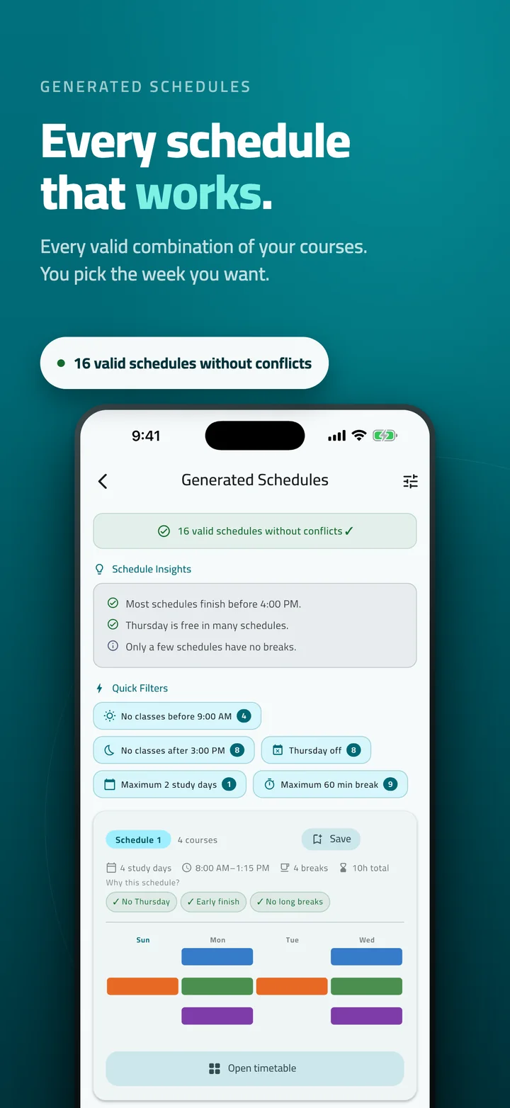 App screenshot: the possible timetables with no clashes