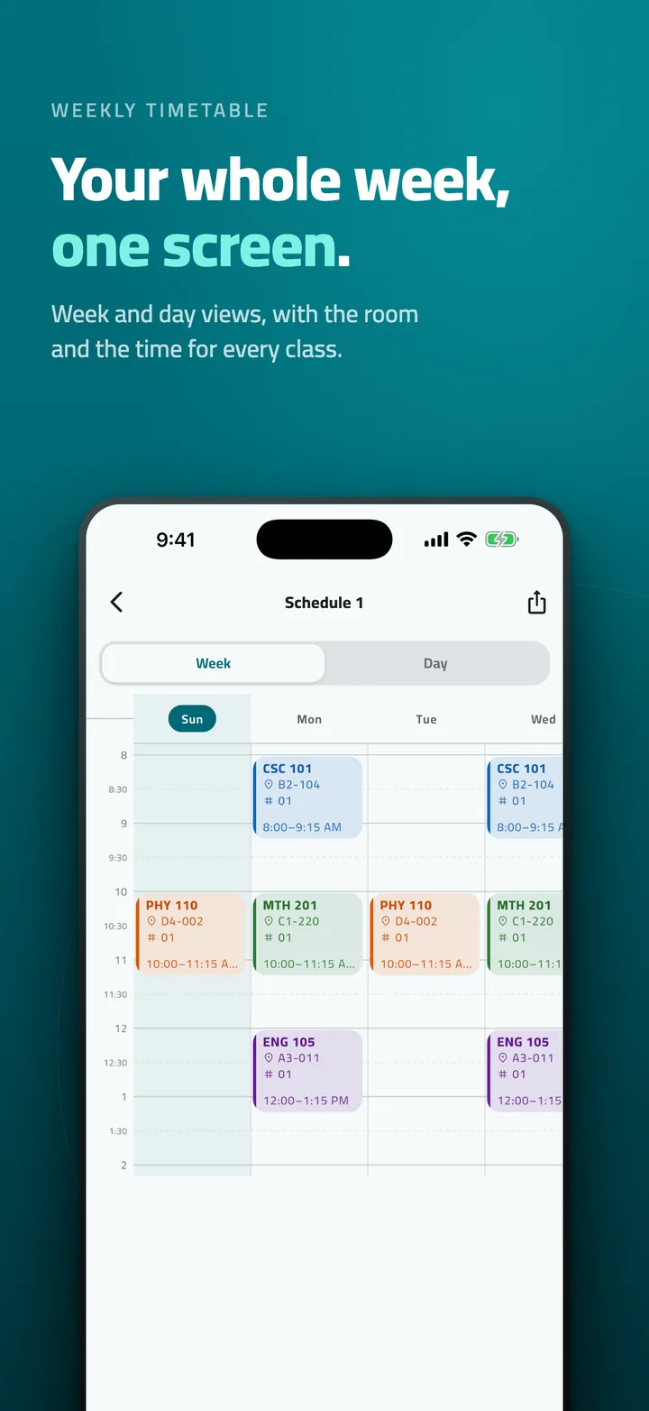 App screenshot: the weekly timetable